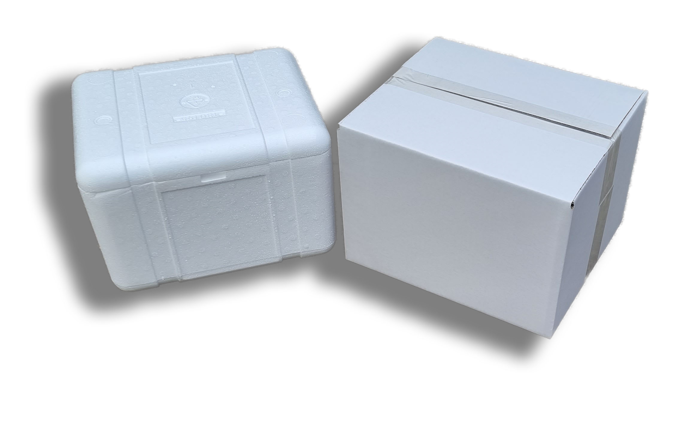 Frigolit box med kartong för kylda transporter med kolsyreis, torris eller dry ice.